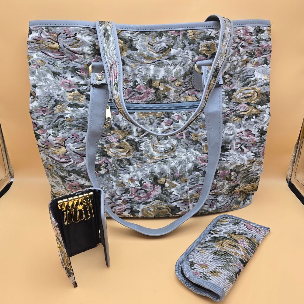 Vintage Floral Tapestry Tote Bag Set 3pc Shoulder Bag Key Holder Eyeglass Case